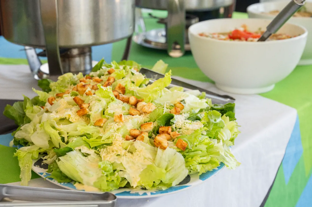 Salada servida em louça ao lado do rechaud de inox em evento da Buffet Show no Rio de Janeiro